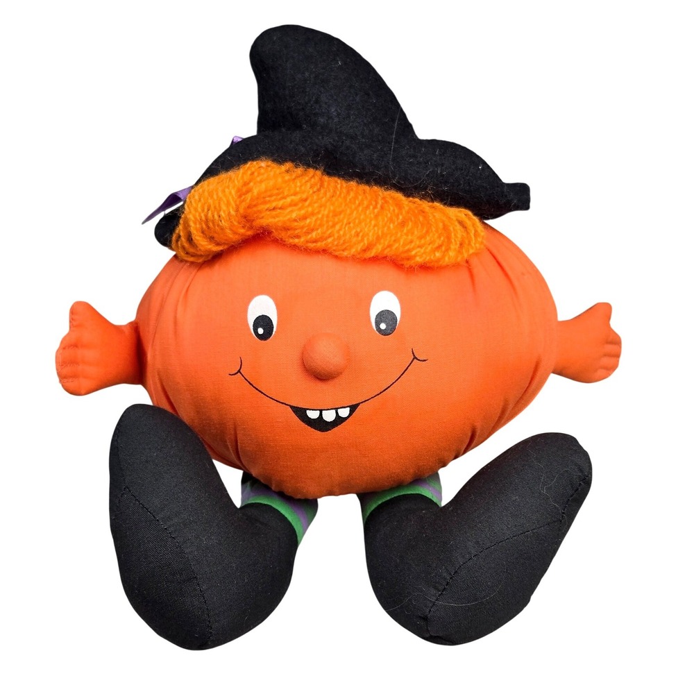 Vintage Hallmark 1982 Pumpkin Witch Plush 7" Halloween Shelf Sitter Kitschy
